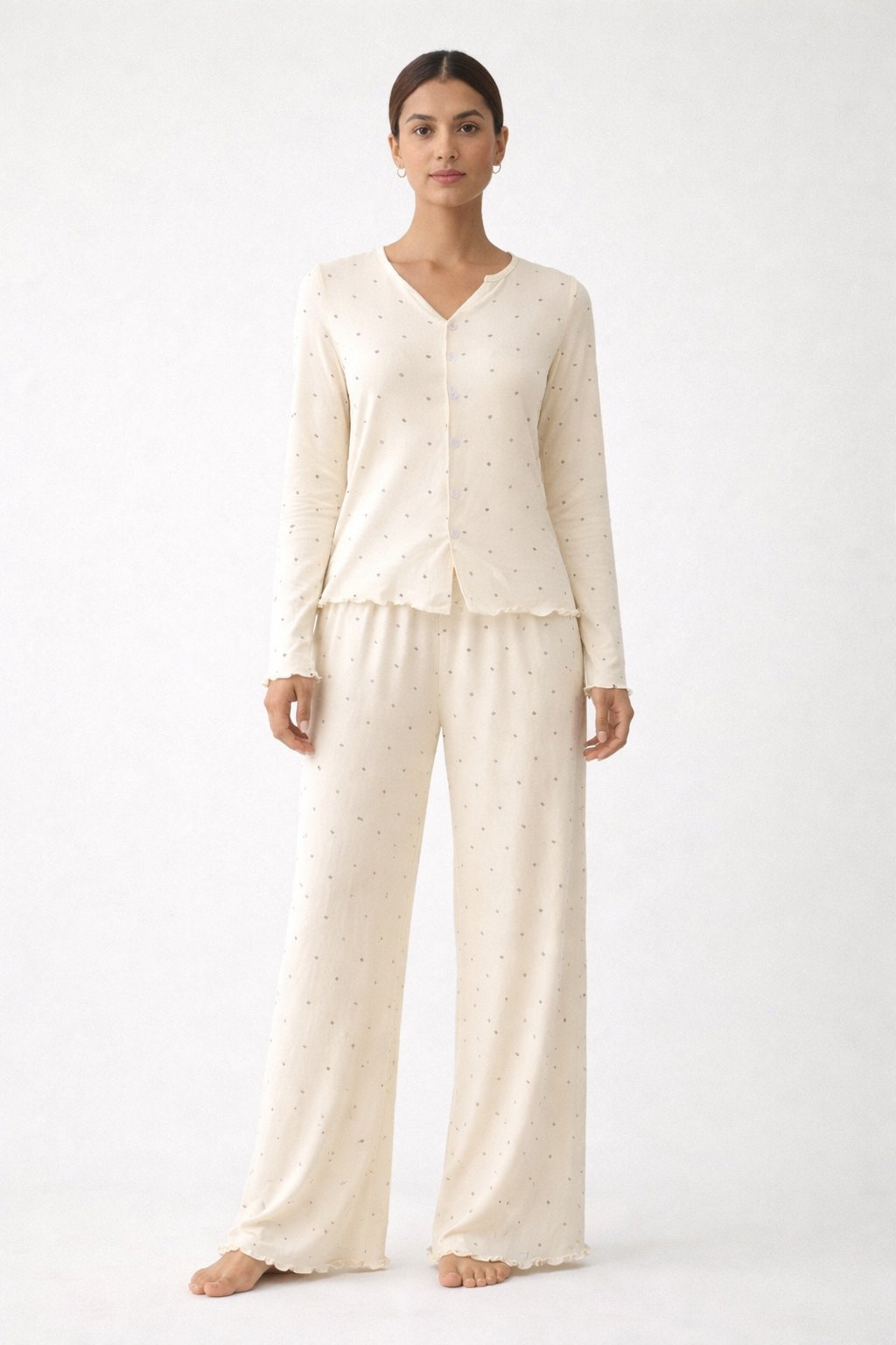 Punkte Pyjama „Liz“ – Soft Lounge Set mit weitem Bein